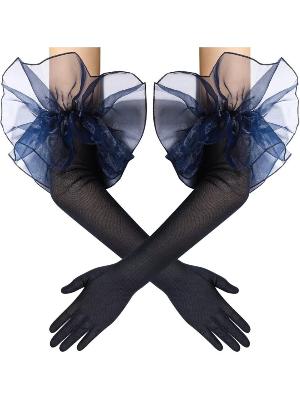 Women's Navy Long Sleeve Oversize Ruffle Cuff Sheer Tulle Mesh Puff Gloves